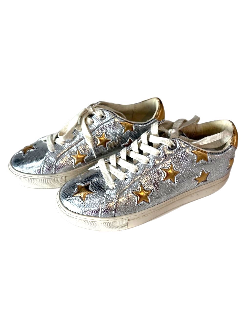 Kurt Geiger London Lane Star Silver Metallic Embossed Leather Sneakers NWOB 35.5